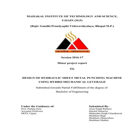 Minor project Report on DESIGN OF HYDRAULIC SHEET METAL PUNCHING MACHINE USIN...
