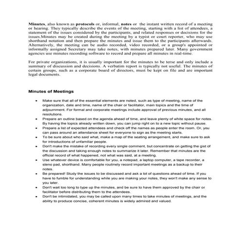 Minutes of the meeting