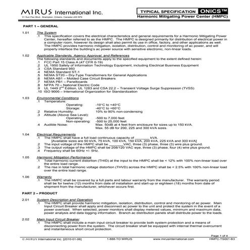 Mirus onics harmonic_mitigating_power_center_datasheet
