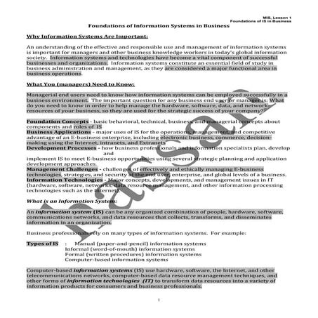 Mis 1st chapter notes foundation of is in business