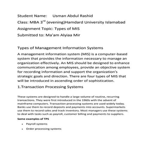 Mis assignment types of management information systems