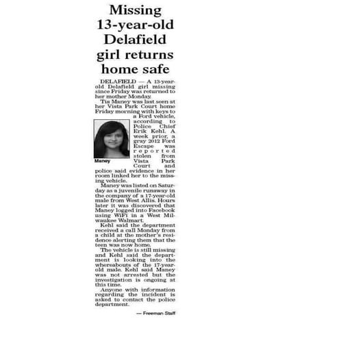 Missing delafield girl found | DOCX