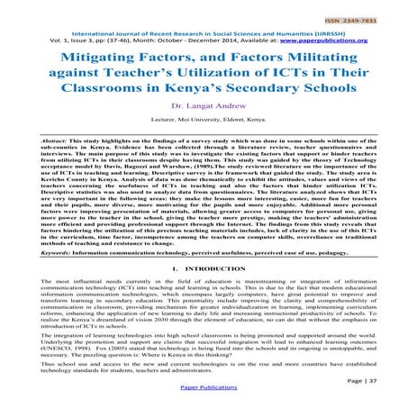 Mitigating Factors, and Factors Militating against Teacher’s Utilization of I...