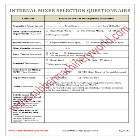 Rubber Internal Mixer Selection Questionnaire