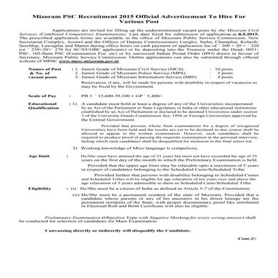 Mizoram psc recruitment 2015 official advertisement to hire for various post