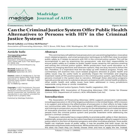 Can the Criminal Justice System Offer Public Health Alternatives to Persons with HIV in the Criminal Justice System?