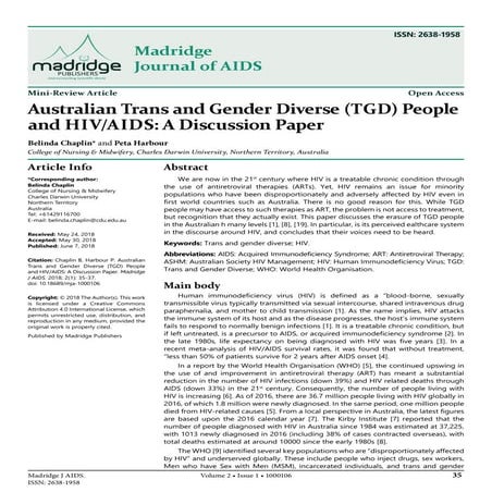 Australian Trans and Gender Diverse (Tgd ) People and Hiv/Aids : A Discussion Paper
