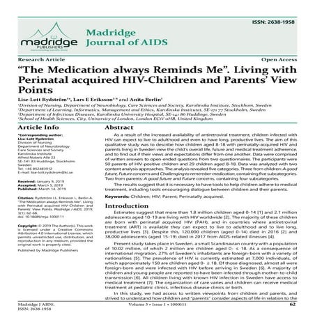 “The Medication always Reminds Me”. Living with Perinatal acquired HIV-Children and Parents’ View Points
