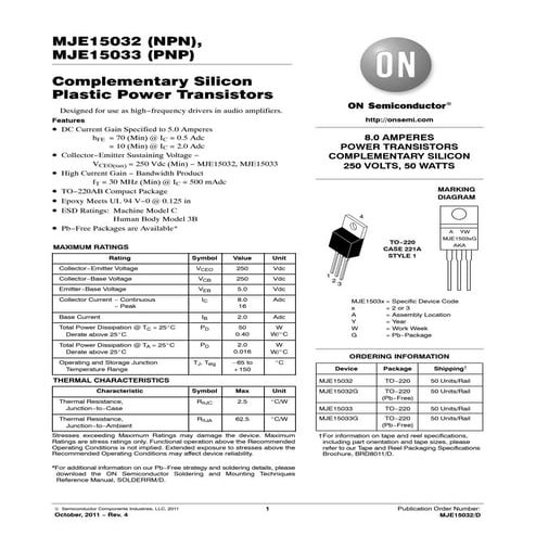 Original PNP Transistor MJE15033 MJE15033G 15033 8A 250V TO-220 New ON