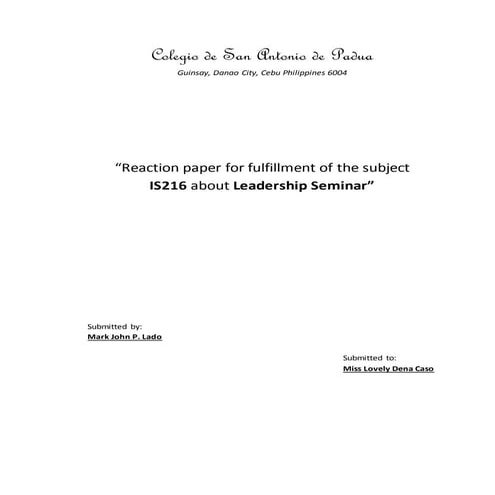 Reaction Paper for Leadership Seminar - Mark John Lado