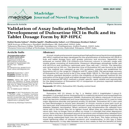 Validation of Assay Indicating Method Development of Duloxetine HCl in Bulk and its Tablet Dosage Form by RP-HPLC