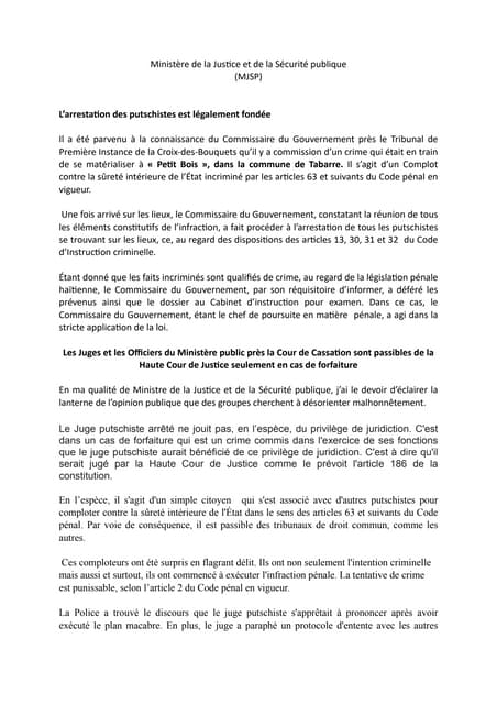 Coup d'Etat Haiti: Cadre Juridique Arrestation Juge Ivickel Dabresil