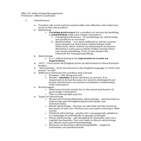 Mkt 121 advertising management notes (Albert Cuadrante)