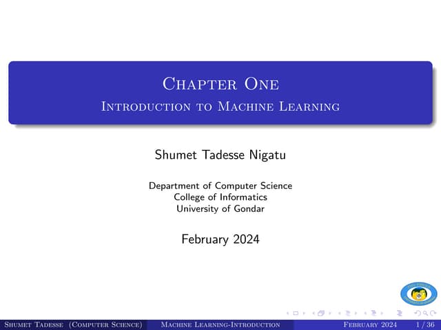 Course Title Introduction To Machine Learning Chapter One Course Title Introduction To Machine Learning Chapter One