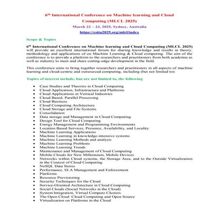 Call for Papers - 6th International Conference on Machine learning and Cloud Computing (MLCL 2025)