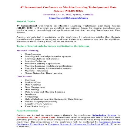 6th International Conference on Machine Learning Techniques and Data ...