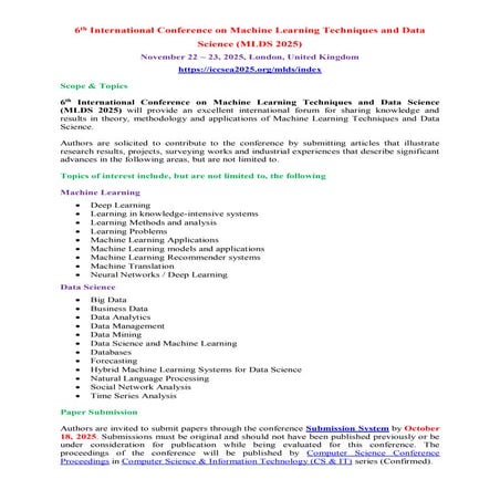 6th International Conference on Machine Learning Techniques and Data Science (MLDS 2025)