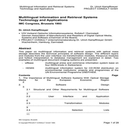 [EN] Multilingual Information and Retrieval Systems, Technology and Applications | Dr. Ulrich Kampffmeyer | Brussels 1993