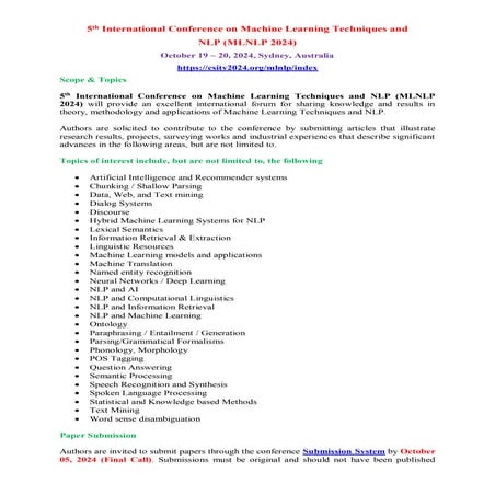 Call for Research Articles - 5th International Conference on Machine Learning Techniques and NLP (MLNLP 2024)