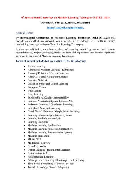 6th International Conference on Machine Learning Techniques (MLTEC 2025)