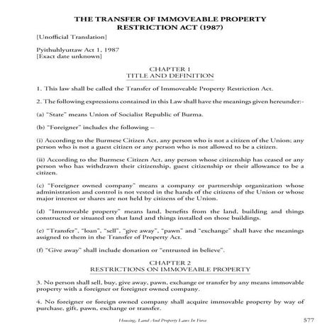Myanmar_Transfer of Immovable Property and Restrictions Act 1987