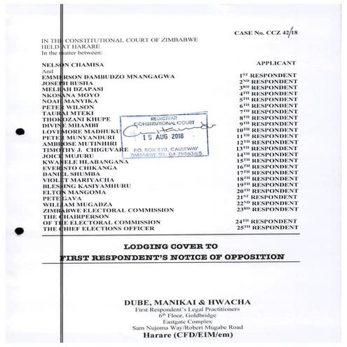 Mnangagwa's opposing papers to the #ChamisaPetition | PDF