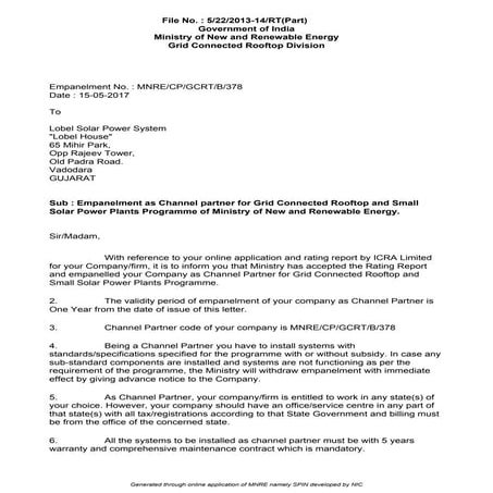 MNRE on-grid approval latter - 9998931555