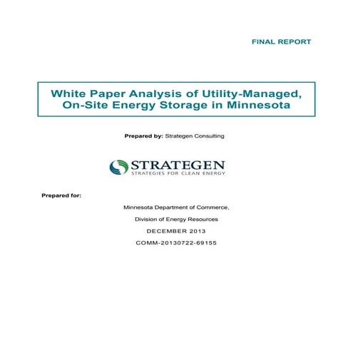 White Paper Analysis of Utility-Managed, On-Site Energy Storage in Minnesota