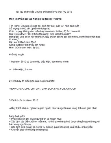 Môn thi Phần bài tập Nghiệp Vụ Ngoại Thương - Tài liệu ôn thi cấp Chứng chỉ N...