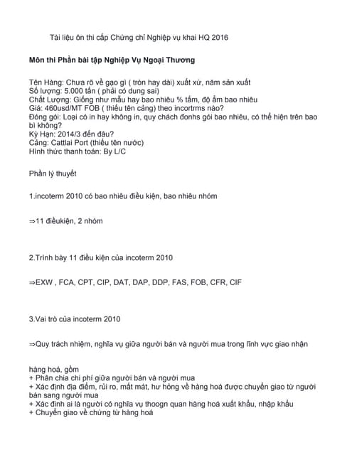 Môn thi Phần bài tập Nghiệp Vụ Ngoại Thương - Tài liệu ôn thi cấp Chứng chỉ N...