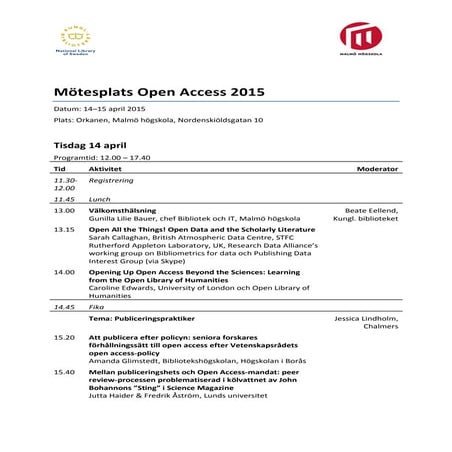 MOA 2015, Program MOA 14-15 april 2015