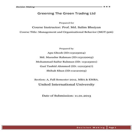 Management and Organization Behavior Report on Decision Making