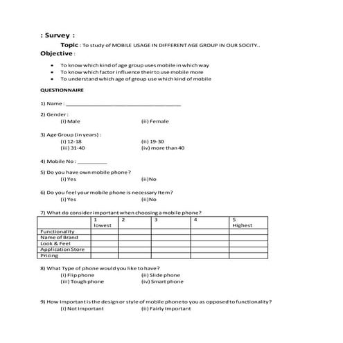 Questionnaire for mobile servey 