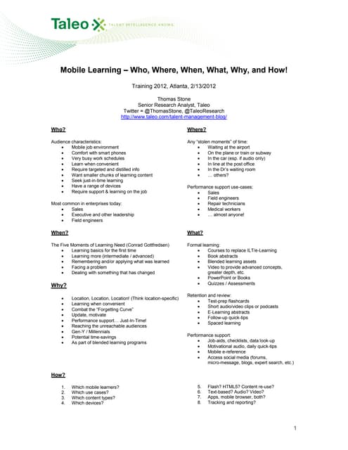 Mobile Learning Handout - Key Points and Resources