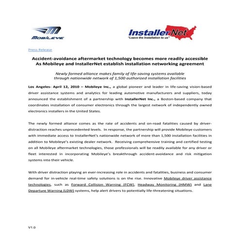 Mobileye & InstallerNet establish installation networking agreement