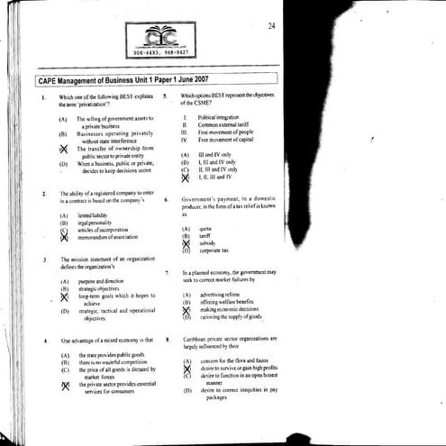 CAPE Management of Business Unit 1 Paper 1 June 2007 | PDF