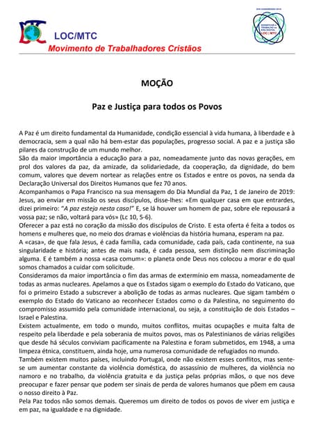Moção Paz e Justica para todos os Povos