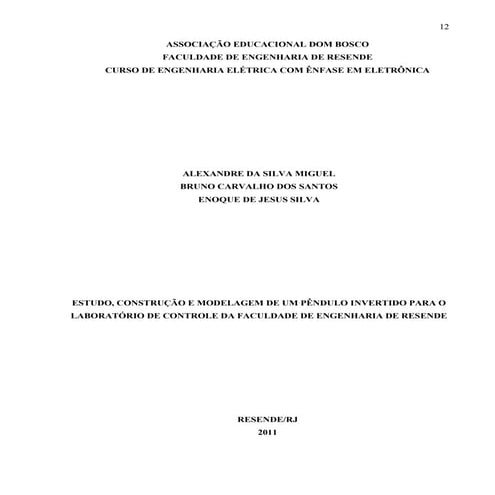 Modelagem de pendulo invertido, trabalho monografico.