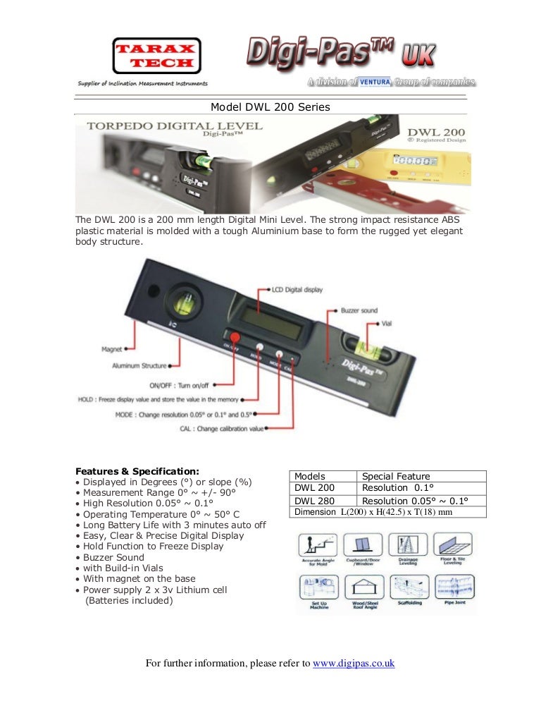 Model dwl 200 series digital torpedo level www.DIGIPAS.co.uk
