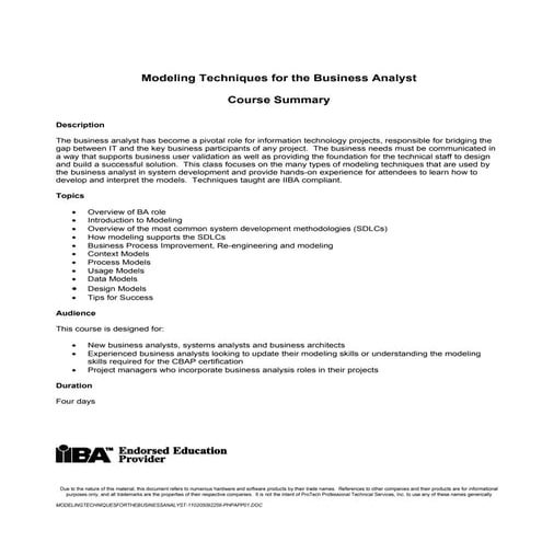 Modeling techniques forthe business analyst