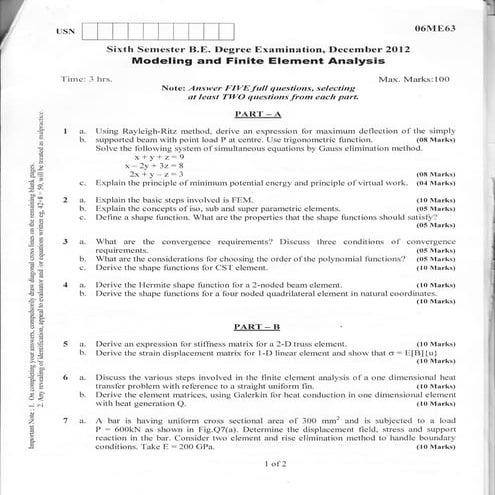 Modelling and finite element analysis: Question Papers
