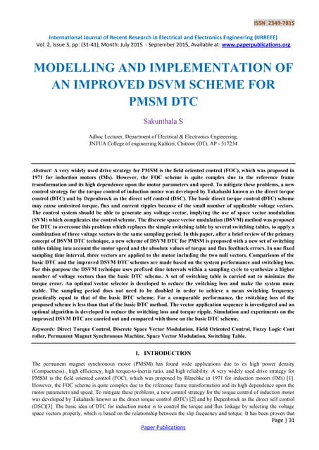 MODELLING AND IMPLEMENTATION OF AN IMPROVED DSVM SCHEME FOR PMSM DTC