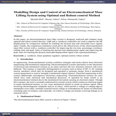 Modelling design and control of an electromechanical mass lifting system usin...