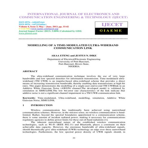 Modelling of a time modulated ultra-wideband communication link