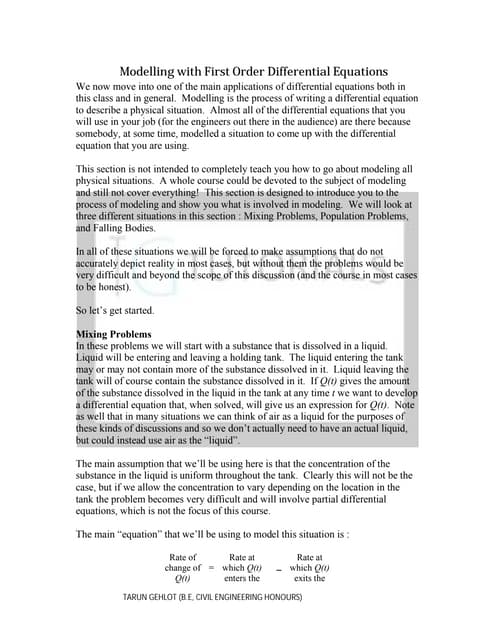 Modelling with first order differential equations