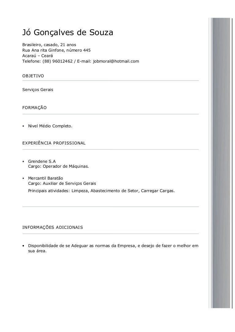 modelo de curriculum 1 preenchido curriculum vitae para preencher