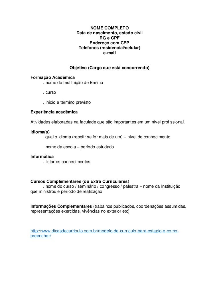 Modelo de currículo para estágio - sem experiência