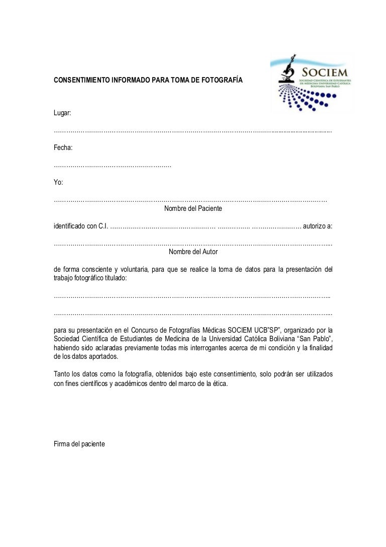 Modelo consentimiento informado para fotografías Modelo consentimiento informado para fotografías