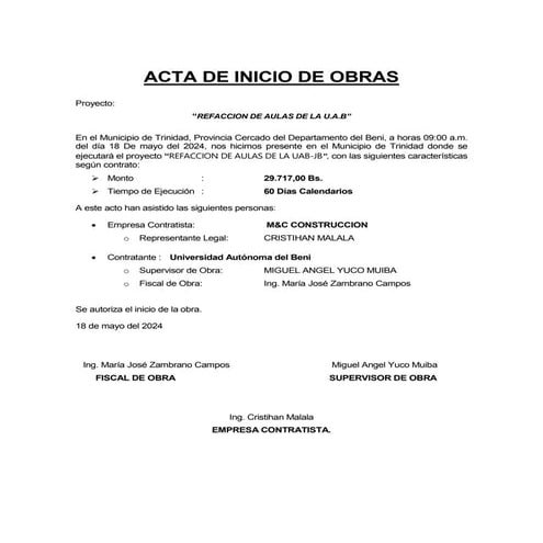 MODELO DE ACTA DE INICIO PARA CONSTRUCION | DOCX