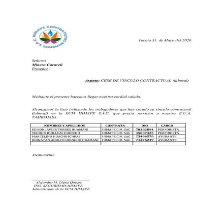 Modelo De Carta De Cese MES DE MAYO docx